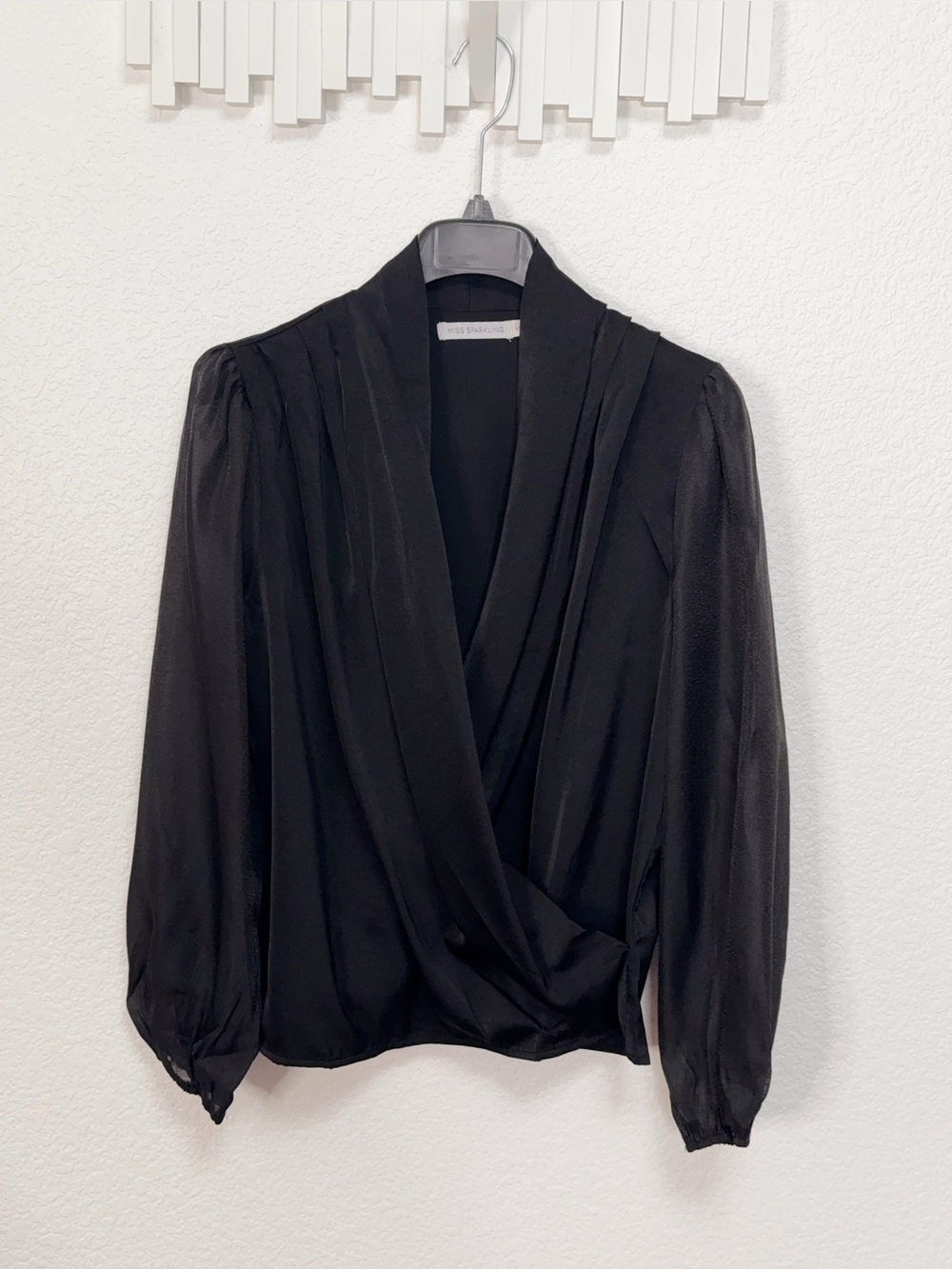Miss Sparkling Black Satin Surplice Wrap Blouse Draped Long Sleeve Elegant Top